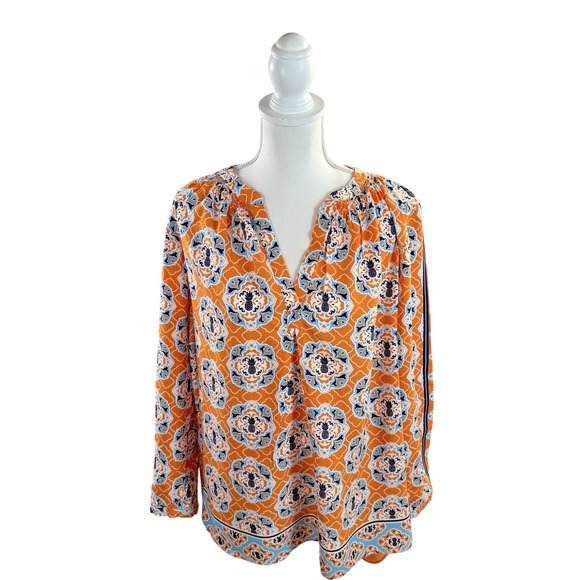 crown & ivy Tops - Crown & Ivy Womens SZ 1X Long Sleeve Orange Blue Pineapple Patterned Top Blouse